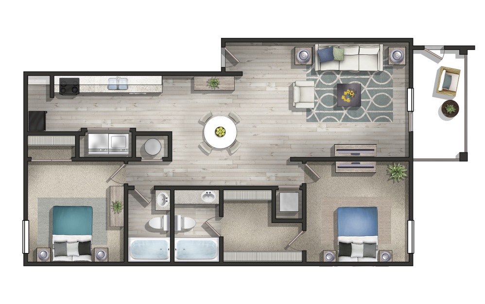 The Buckhead Upgraded - 2 bedroom floorplan layout with 2 bathrooms and 1140 square feet