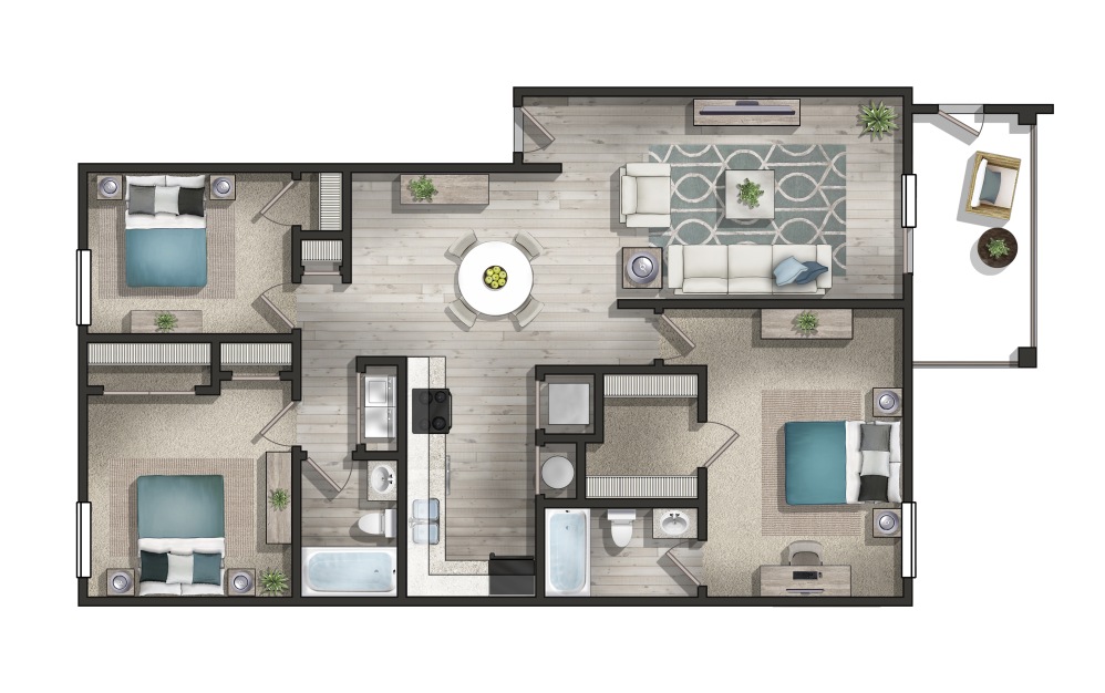 The Peachtree Upgraded - 3 bedroom floorplan layout with 2 bathrooms and 1350 square feet